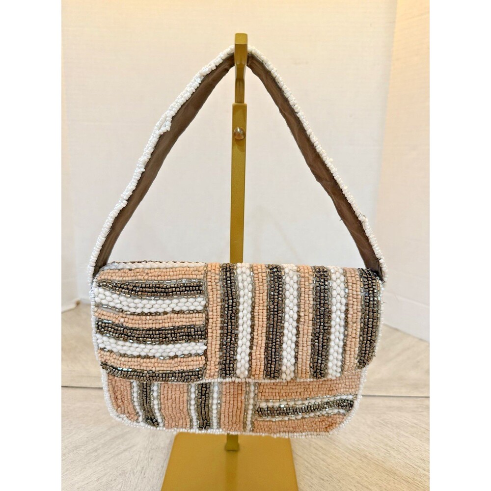 Studio 12 Beaded Shoulder Bag Peach Pink White Stripe Handmade India Chic